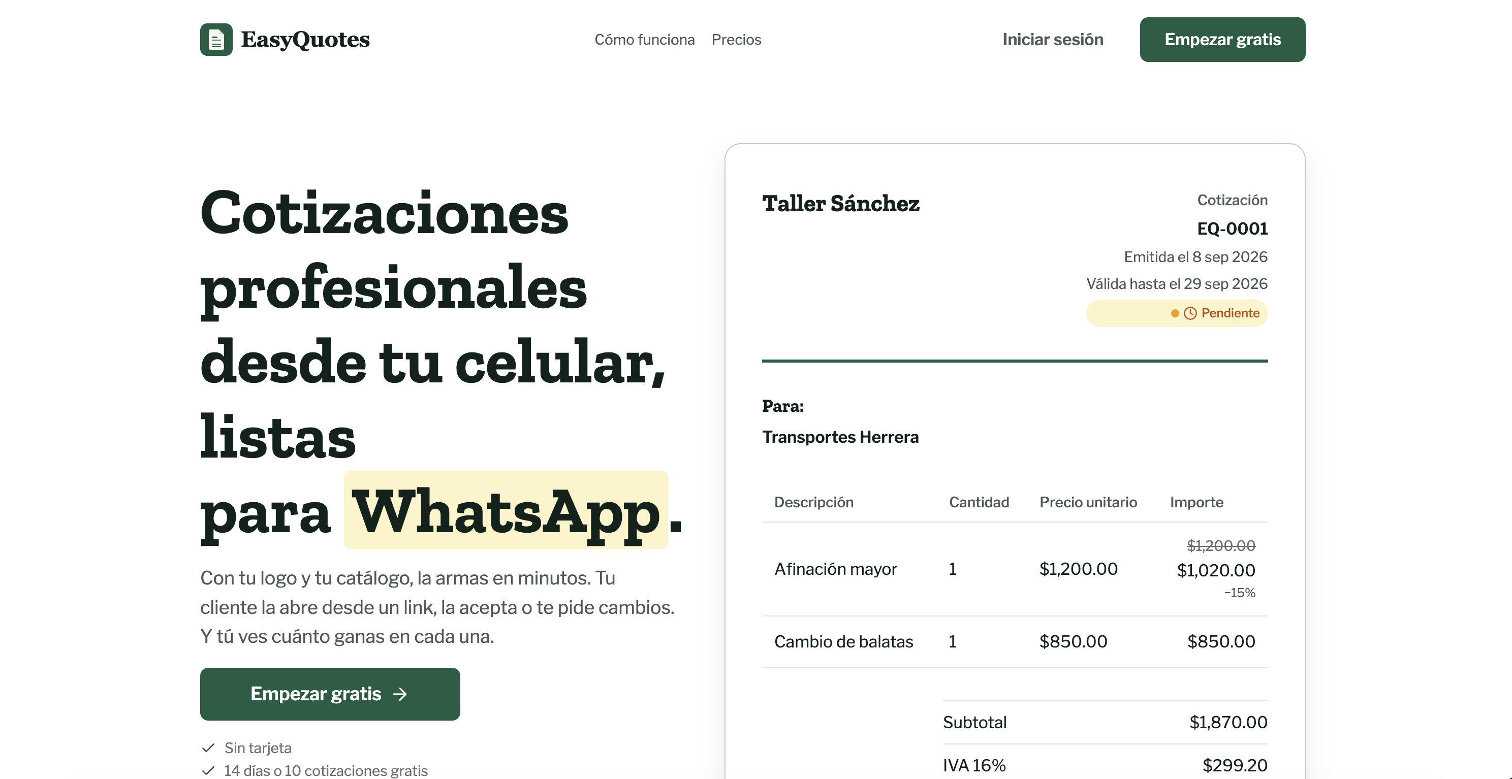 Easy Quotes product landing page